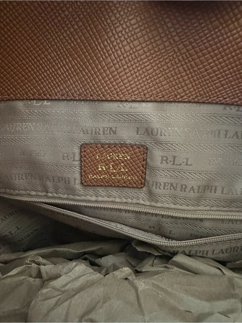 Ralph Lauren Cognac Textured Leather Satchel with Gold Logo